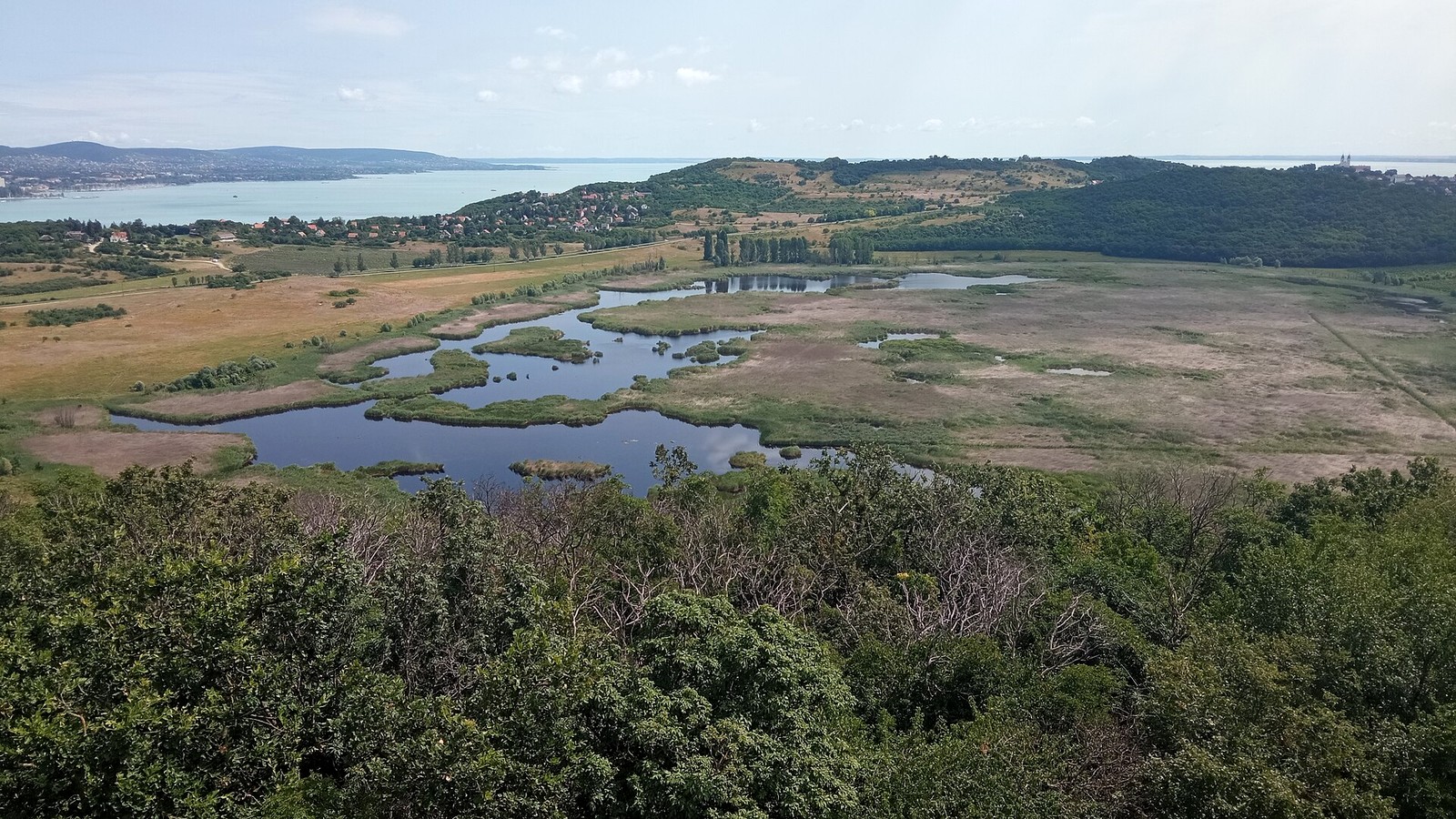 Tihany, kilátás az Őrtorony-kilátóból a mocsaras, apró tavakkal tagolt Külső-tóra, mögötte házakkal és a Balaton kék vizével.
